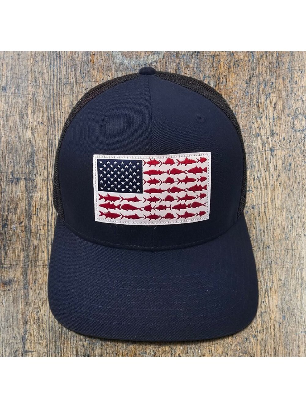 Columbia PFG Hat Mens Blue Black American Fish Flag Mesh Trucker Cap Fishing